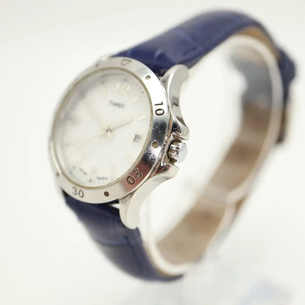 Timex Indiglo Silver Tone Date 29mm Womens Watch Blue Leather w New Battery
